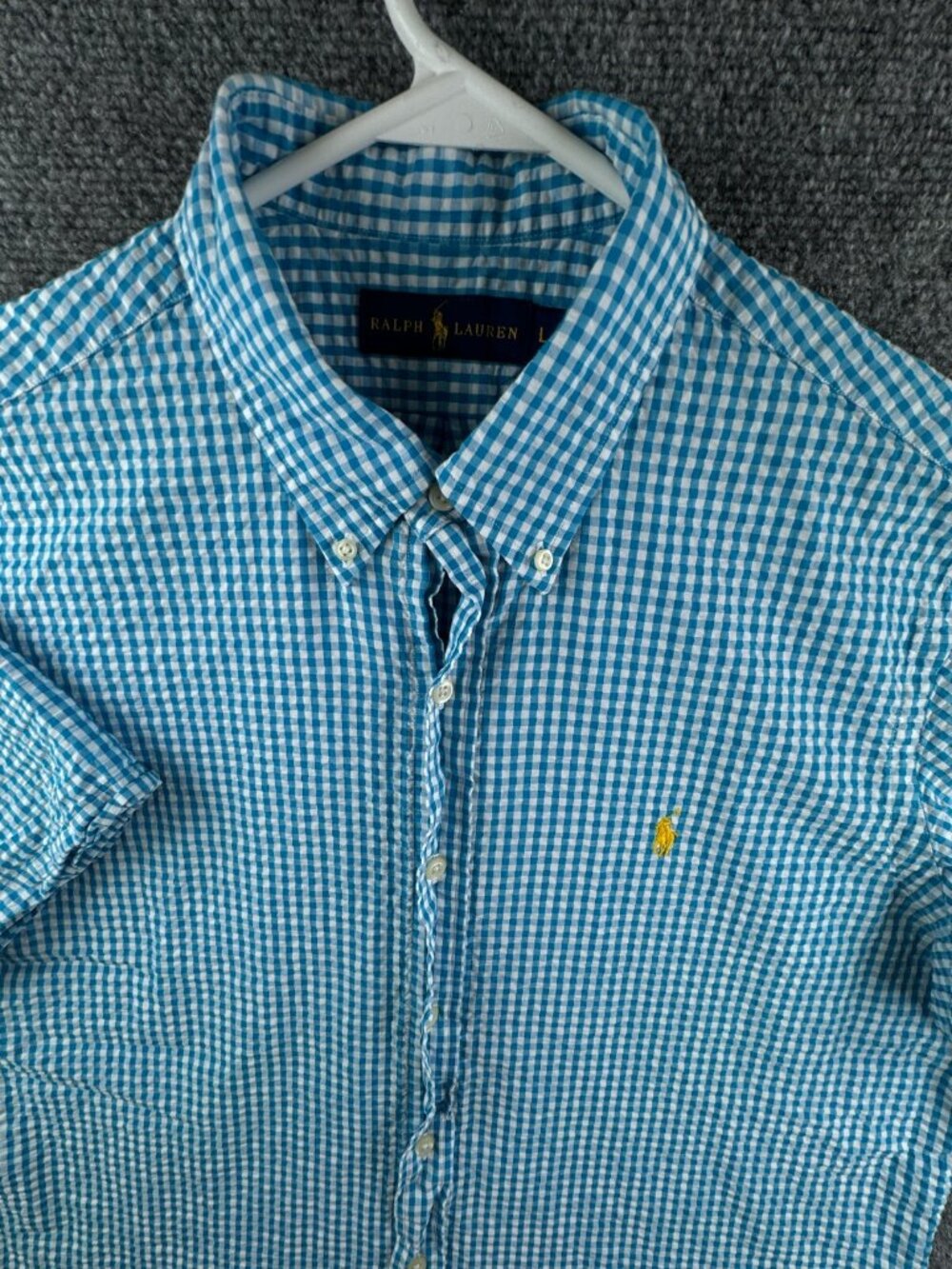 Ralph Lauren Seersucker Short Sleeve Blue Button Up Shirt Large Cotton Adult